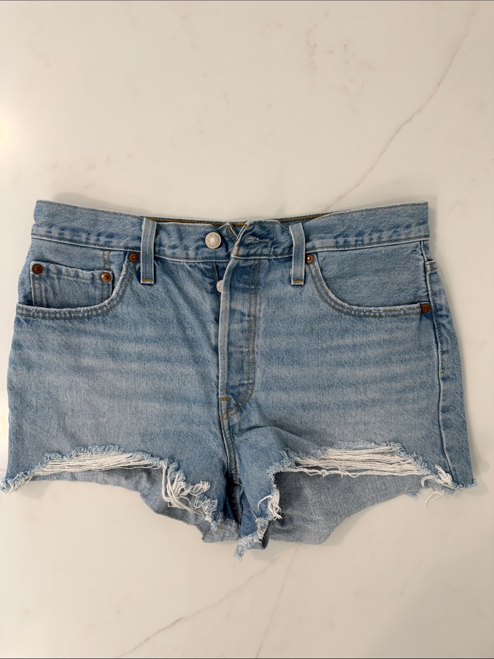 Levi's Light Blue 501 Distressed Cutoff Denim Shorts